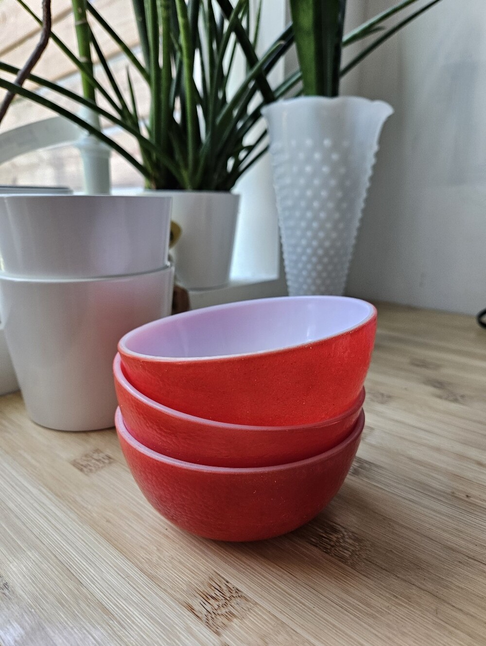 Hazel Atlas MCM Milk Glass Orange Peel Texture Red 4.8 in Cereal Bowl Set of 3